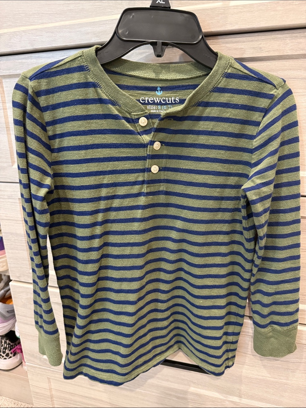 Crewcuts Olive Green & Navy Striped Henley Long Sleeve Tee size small 6/7
